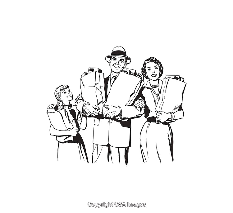 Retro Illustration of Family Carrying Groceries in Black and White Line Art