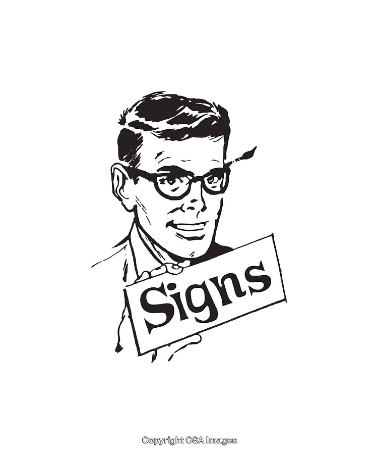 Vintage Line Art of a Man Holding a Sign in Black and White