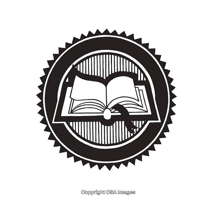 Black and White Line Art of an Open Book Emblem Design