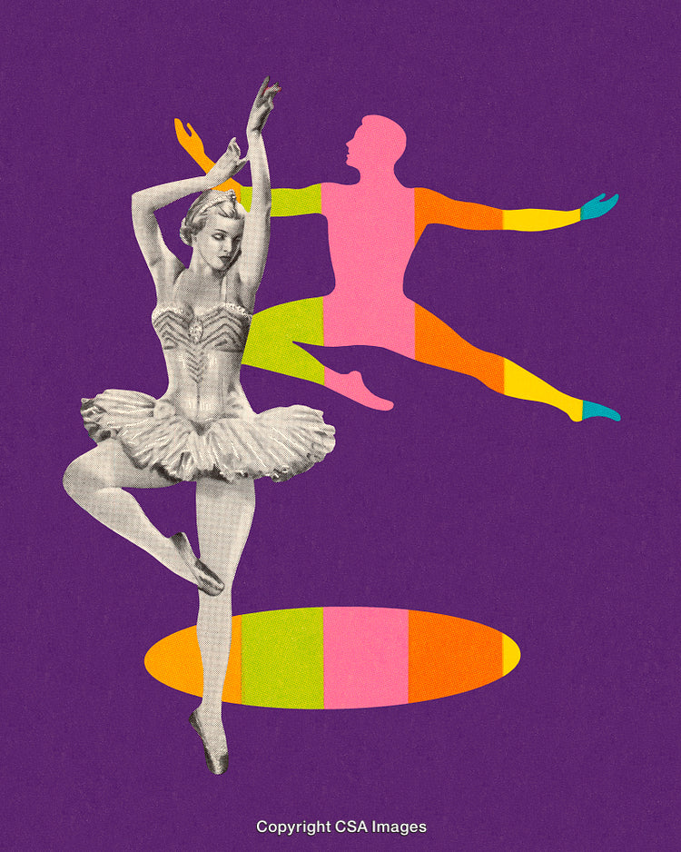 Colorful Ballet Art With Dance Silhouette On Purple Background