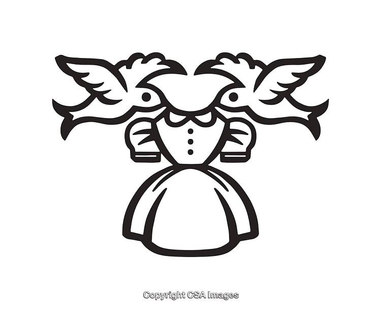 Stylized Black and White Line Art Depicting Birds and a Dress Form
