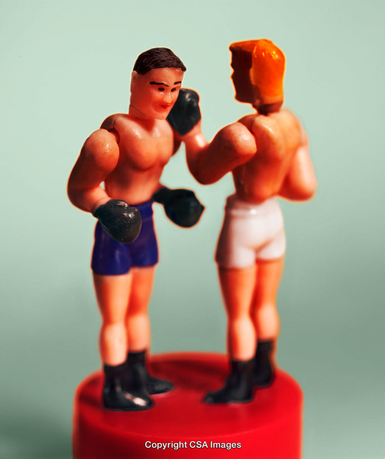 Miniature Plastic Boxers Training on Vibrant Base with Simple Background