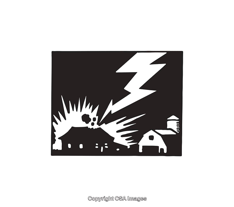 Black and White Line Art of Storm with Lightning Strike