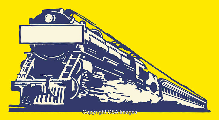 Vintage Steam Locomotive Depicted in Bold Yellow and Blue Artwork