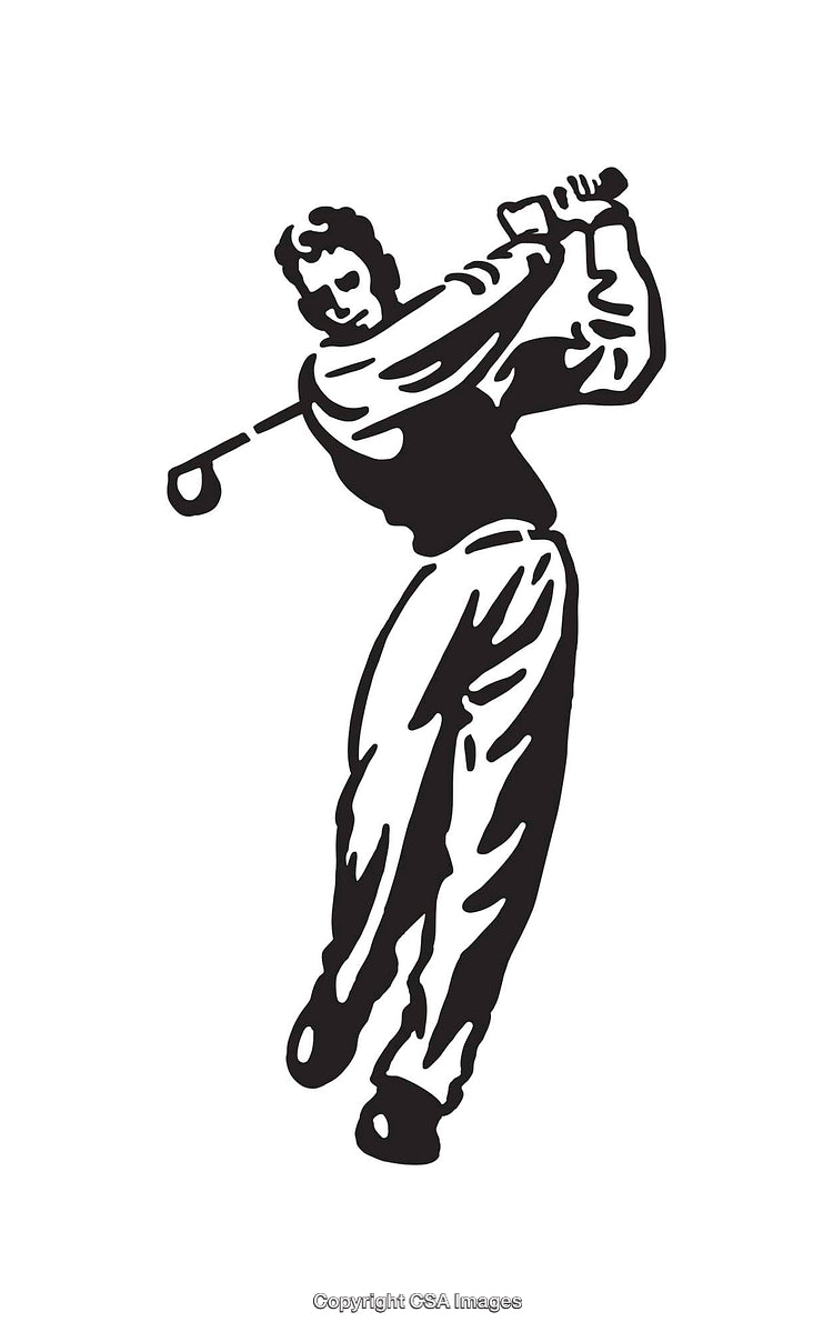Black and White Illustration of Man Performing Golf Swing Action
