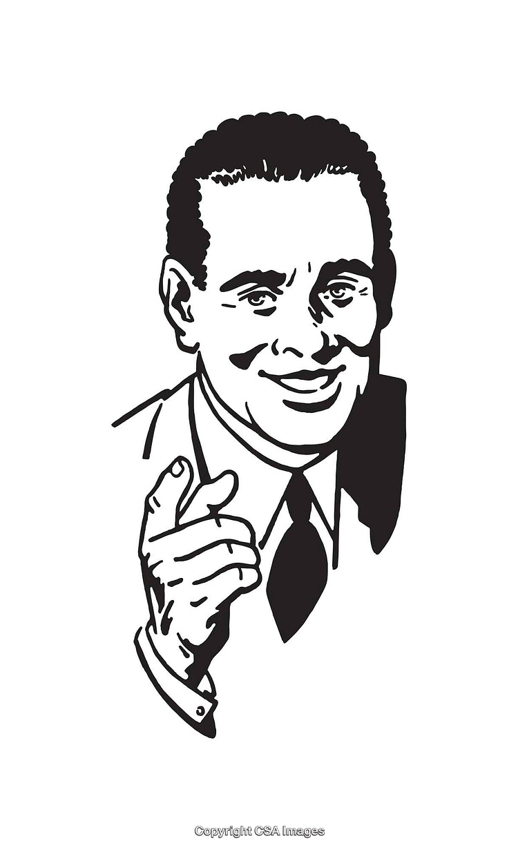 Retro Styled Smiling Man Pointing Gesture Drawing in Black and White