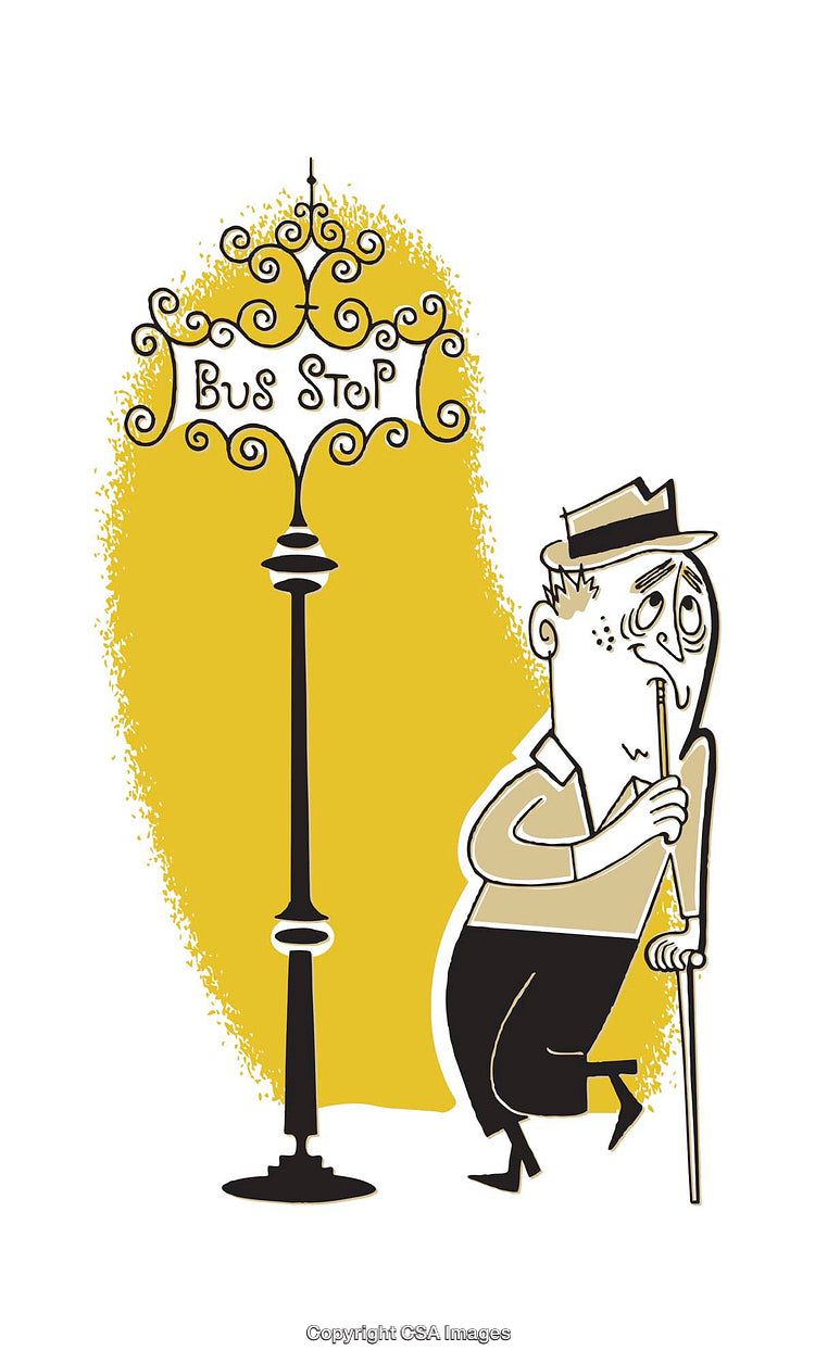 Cartoon Illustration of Man Waiting at Bus Stop with a Decorative Sign