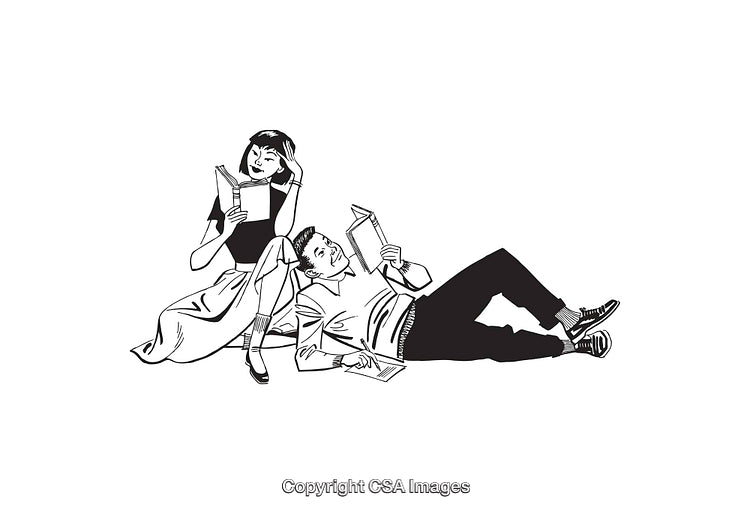 Retro Black and White Illustration of a Relaxing Reading Couple