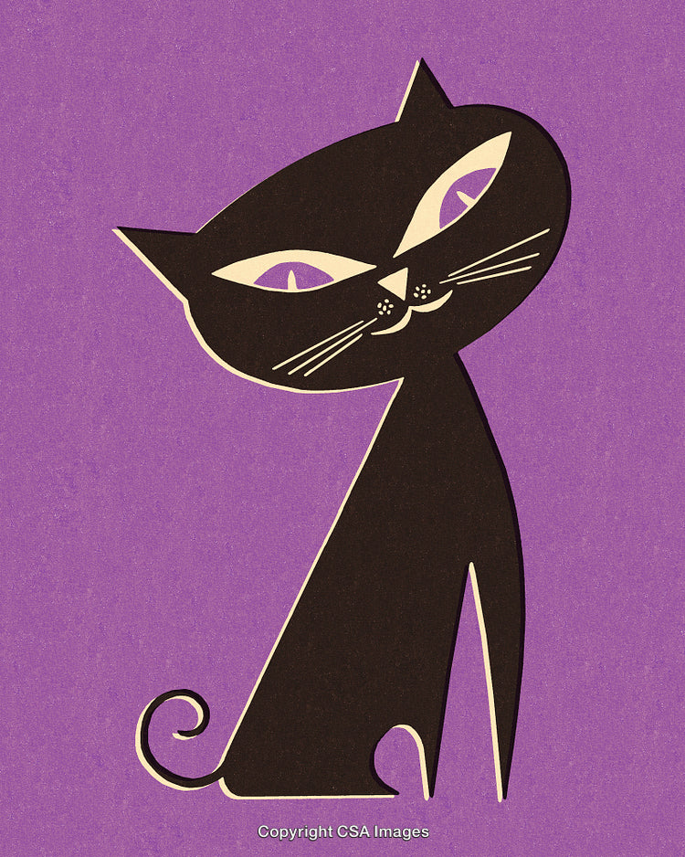Whimsical Vintage Inspired Illustration of a Black Cat on Purple Background