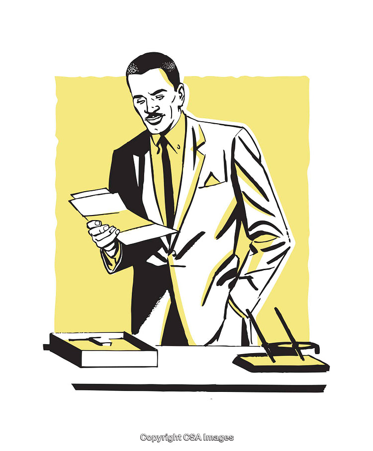 Vintage Businessman Reviewing Papers at Desk in Retro Illustration Style