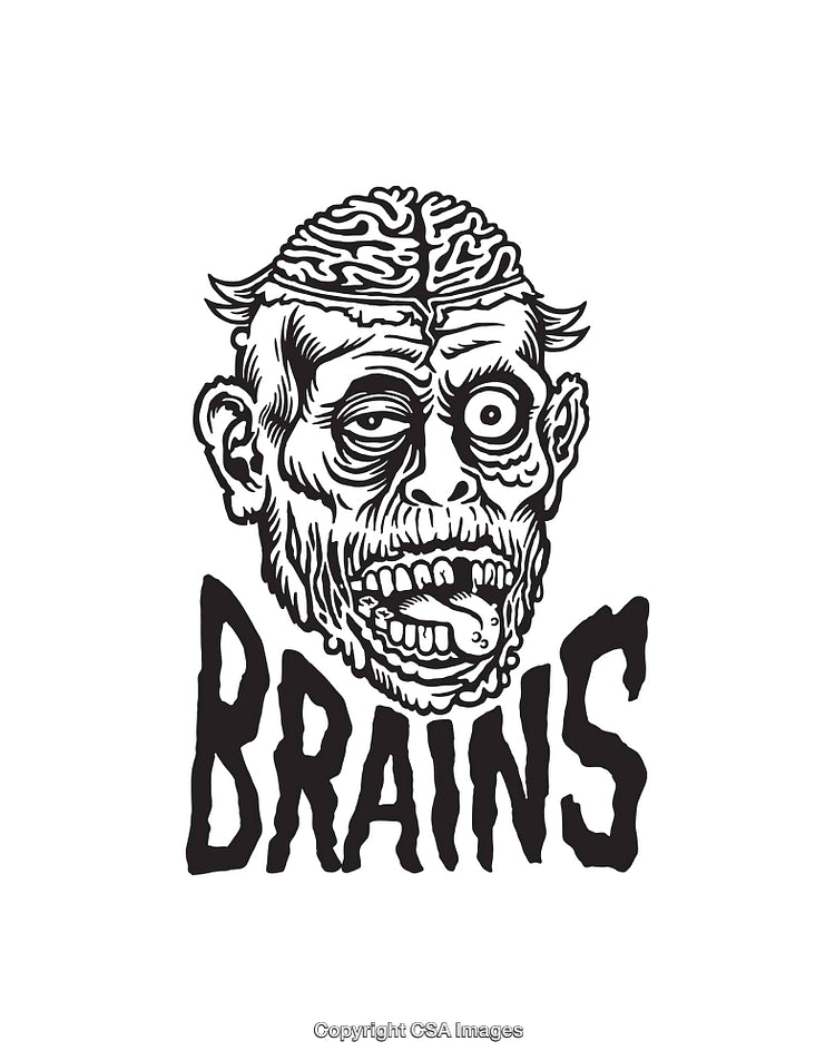Black and White Zombie Illustration Featuring Braind and Creepy Design