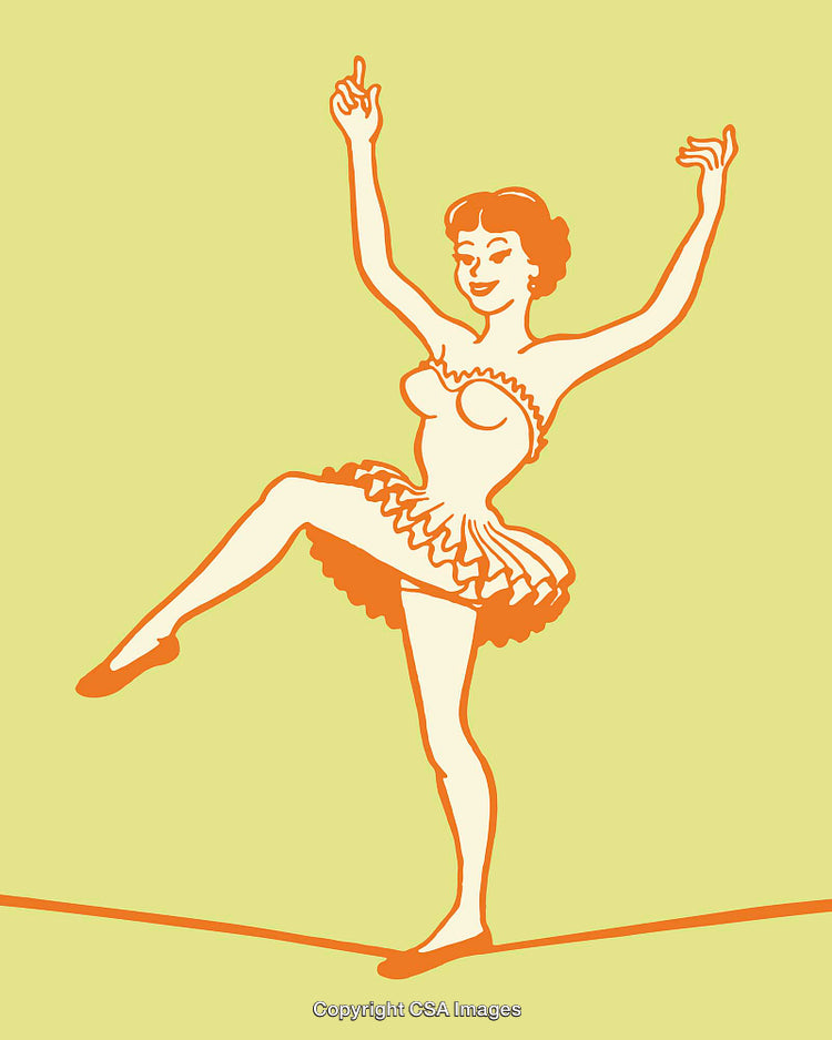Retro Style Illustration of Ballerina Wire Walker Performing on Tightrope