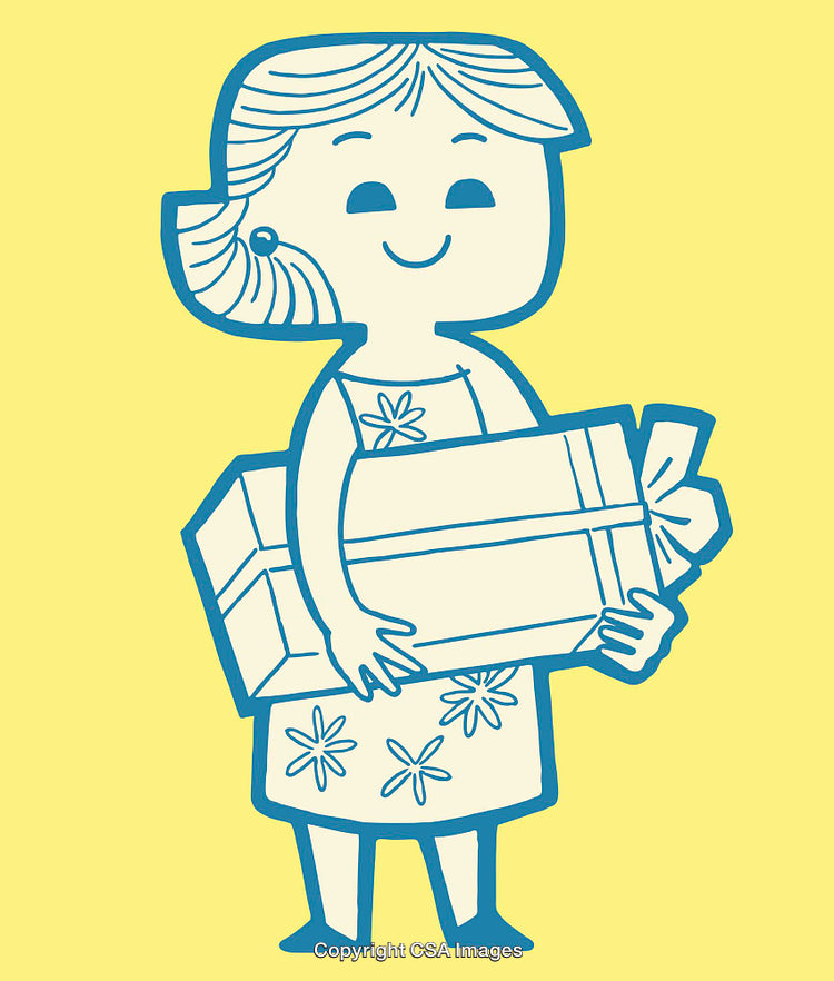 Joyful Cartoon Woman Holding a Gift Box with a Yellow Background