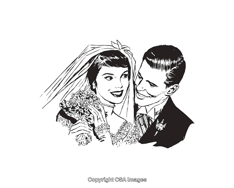 Black And White Line Art Illustration of a Smiling Bride and Groom