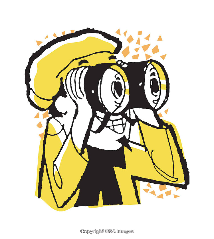 Illustration of a Person Looking Through Binoculars in Yellow and Black Art