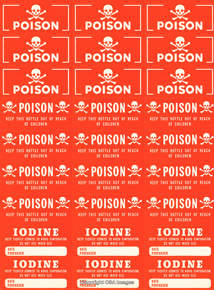 Collection of Poison and Iodine Warning Labels