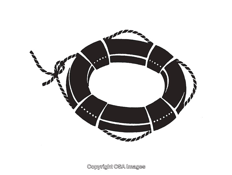 Black and White Line Art of a Lifebuoy with Rope Details