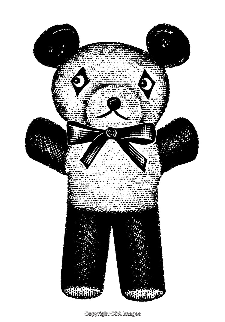Vintage Engraved Teddy Bear Illustration with Black and White Details