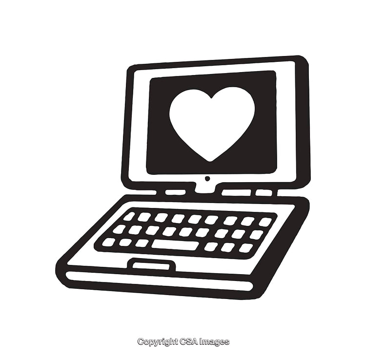 Illustration of Laptop with Heart Symbol on Screen in Black and White