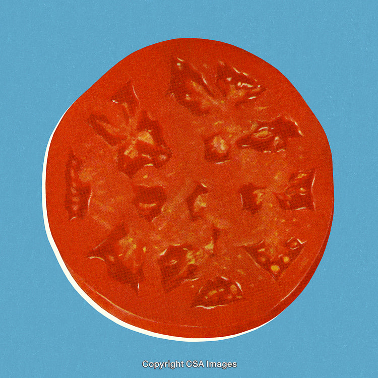 Close-Up of Stylized Tomato Slice Against Vibrant Blue Background