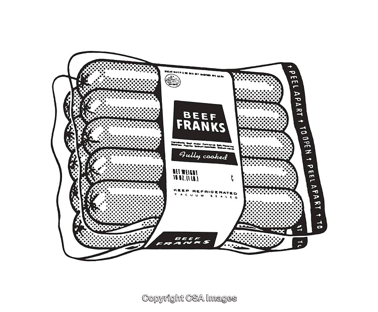 Black and White Illustration of Packaged Beef Frank Sausages
