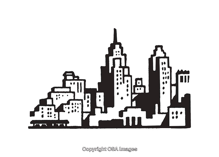 Black and White Line Art Illustration of Urban Skyline Silhouette