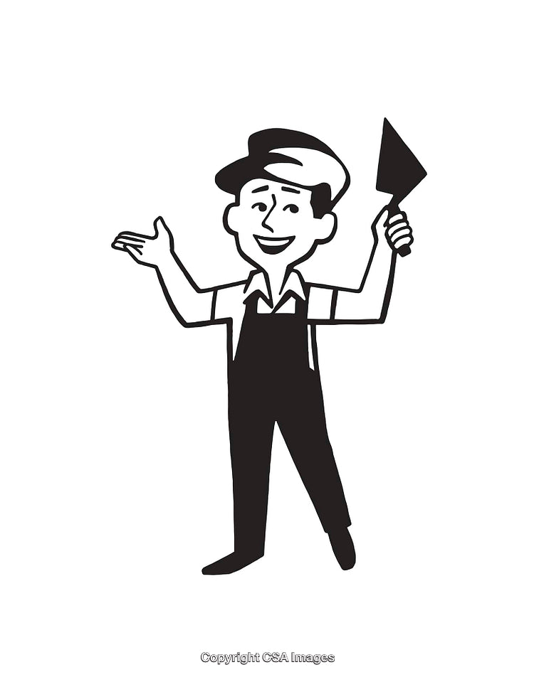 Black and White Line Art of a Smiling Worker with a Trowel