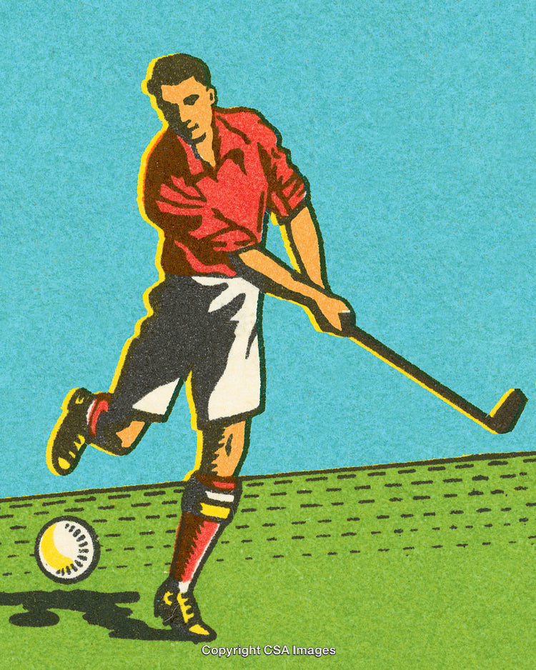 Vintage Illustration of a Field Hockey Player in Action on Green Field