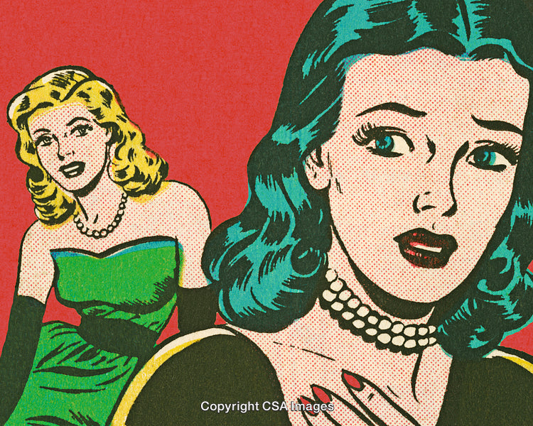 Vintage Comic Style Illustration of Two Emotional Female Characters