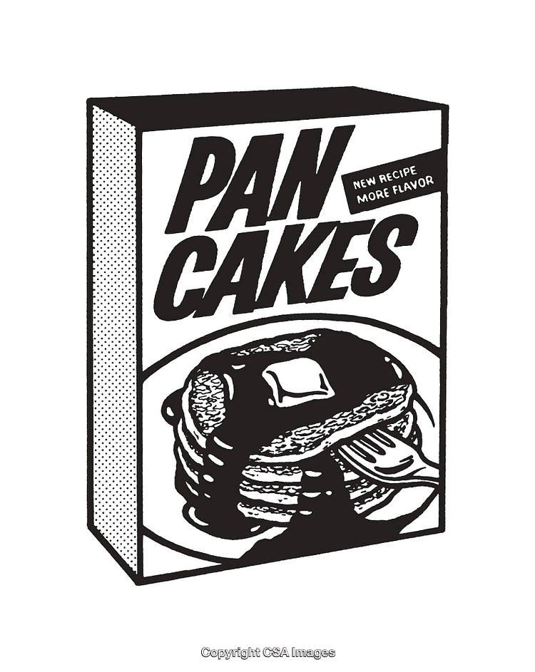 Black and White Illustration of Pancake Box with Stack of Fluffy Pancakes