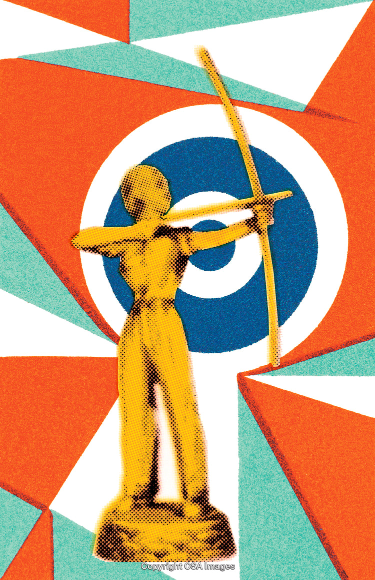 Golden Archer Statue with Abstract Geometric Background and Target Focus