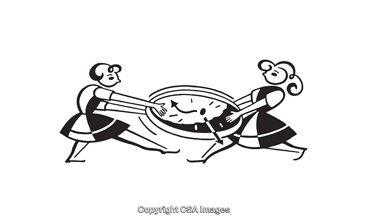 Black And White Illustration of Two People Struggling Over A Clock