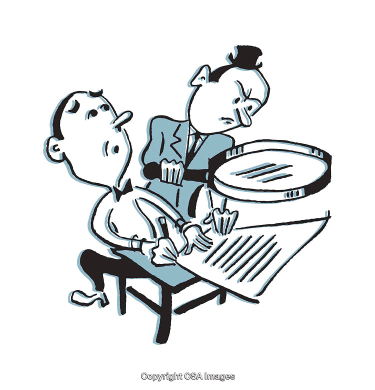 Cartoon Illustration of Person Analyzing Document with Magnifying Glass