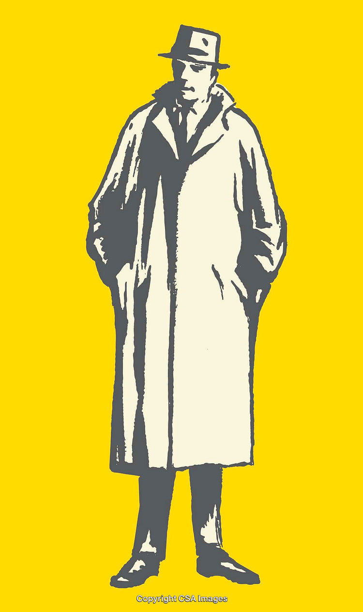 Stylized Illustration of a Man in a Trench Coat on Yellow Background