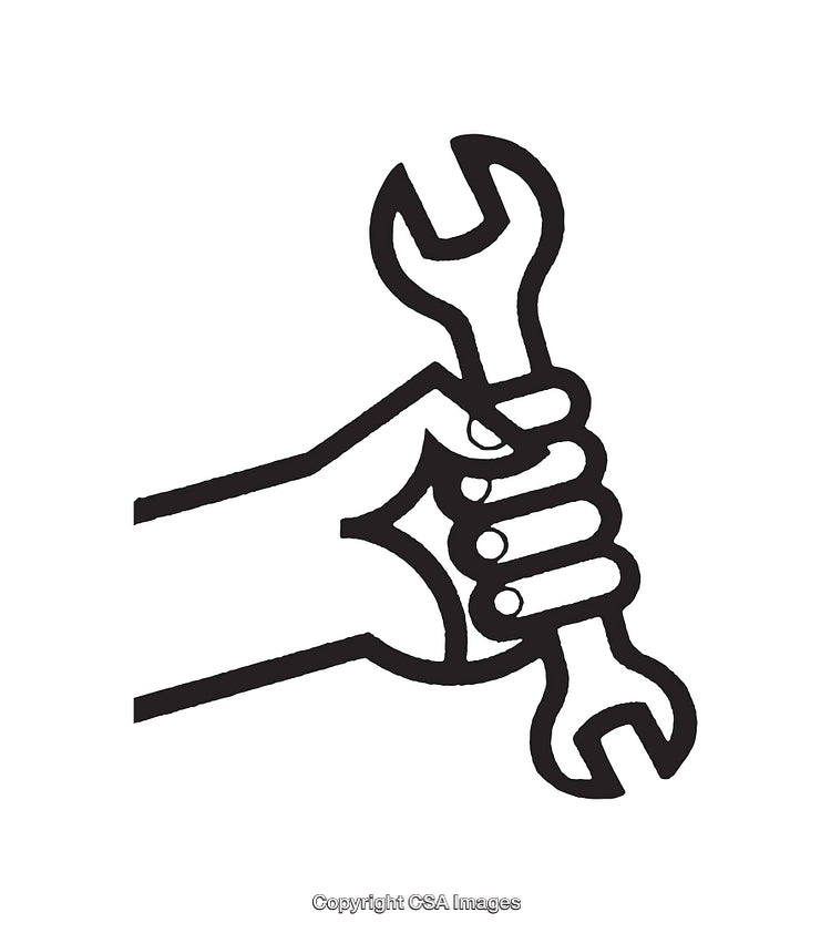 Hand Holding Wrench Illustration in Black and White Outline Style