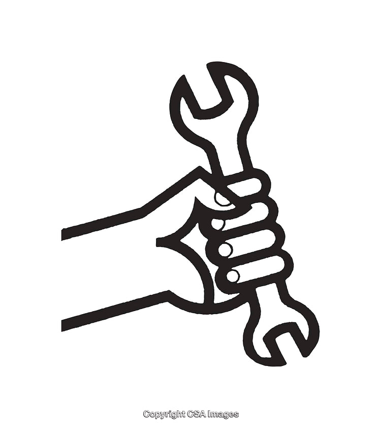 Hand Holding Wrench Illustration in Black and White Outline Style