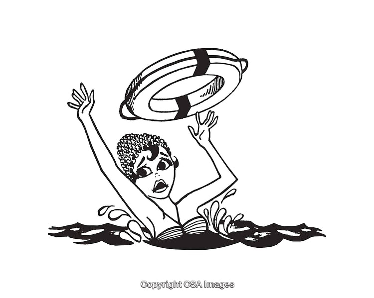 Illustration of Woman Reaching for Life Preserver in Water Scene