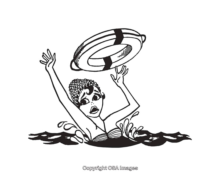 Illustration of Woman Reaching for Life Preserver in Water Scene
