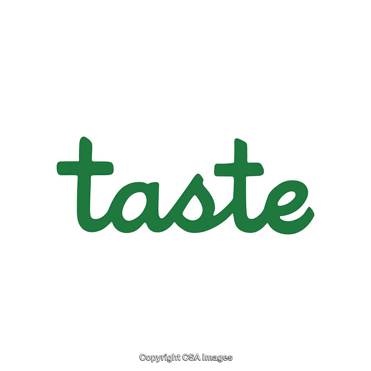 Green Script Text Reading Taste on a White Background