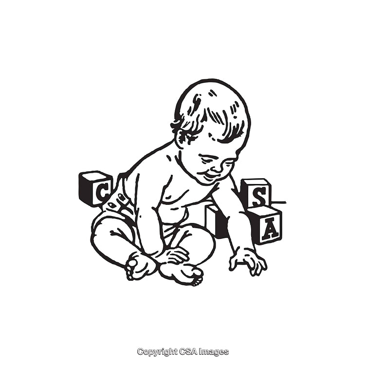 Vintage Black and White Line Art of Baby With Alphabet Blocks