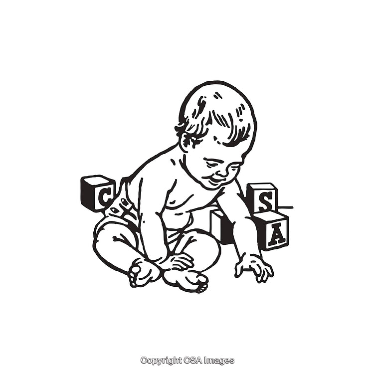 Vintage Black and White Line Art of Baby With Alphabet Blocks