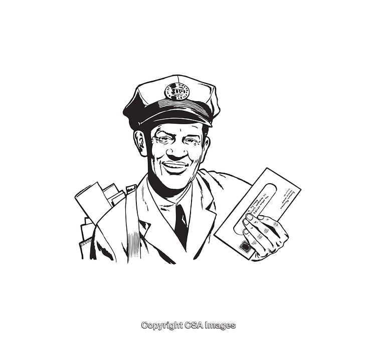 Vintage Black and White Illustration of a Happy Mailman With Letters