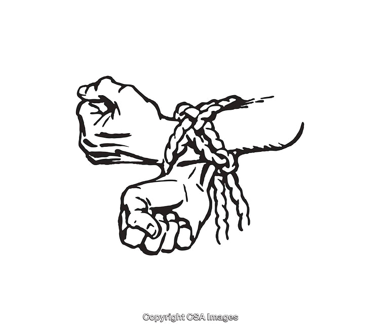 Black and White Line Drawing of Bound Hands in Restriction