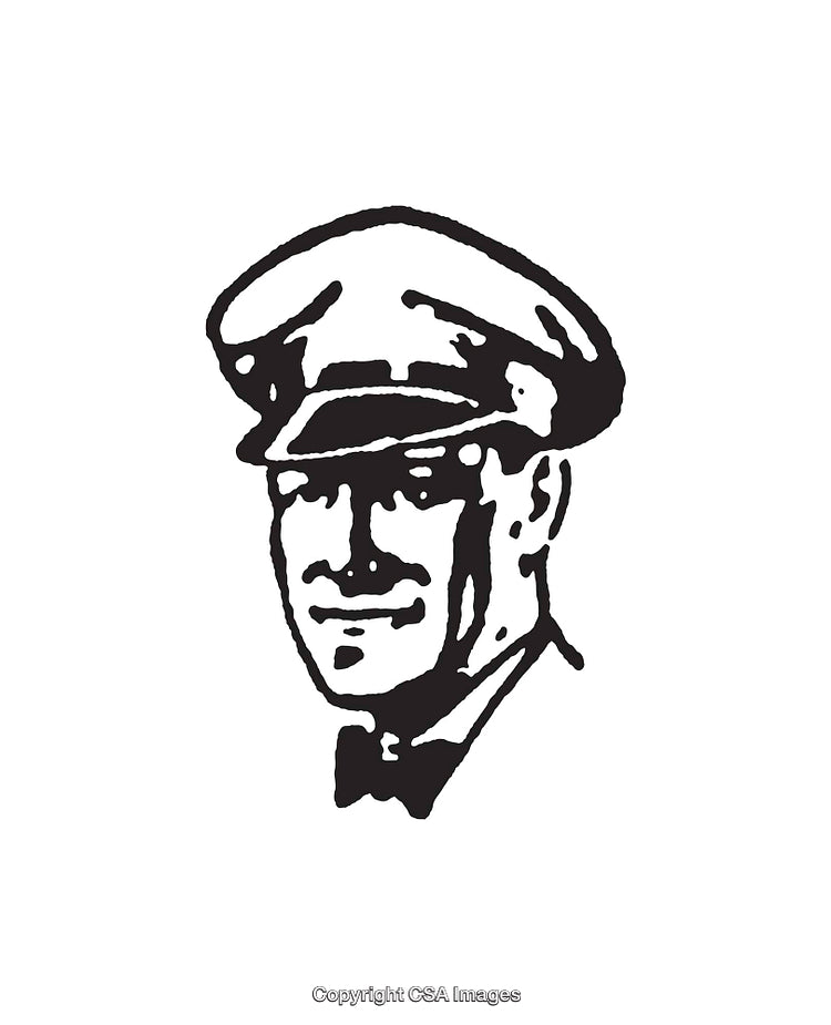 Black and White Line Art Illustration of a Smiling Man in Uniform