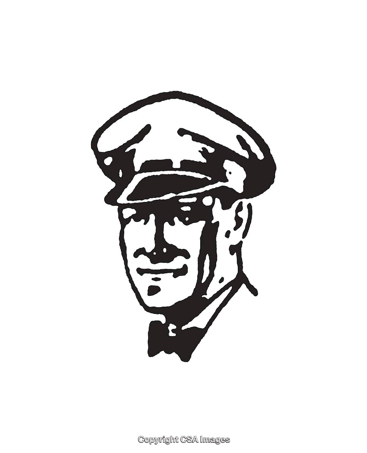 Black and White Line Art Illustration of a Smiling Man in Uniform