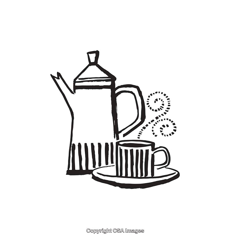 Black And White Line Art of Coffee Pot and Cup With Swirling Pattern