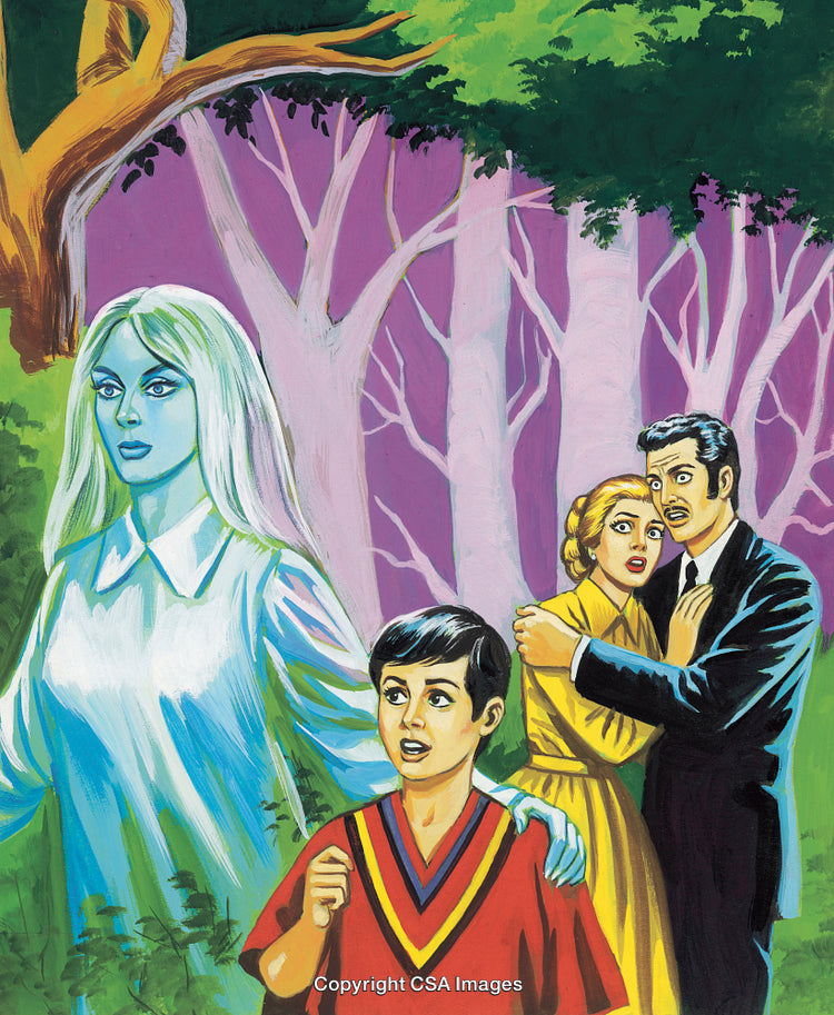 Family Encountering a Ghostly Figure in a Forest Setting Illustration
