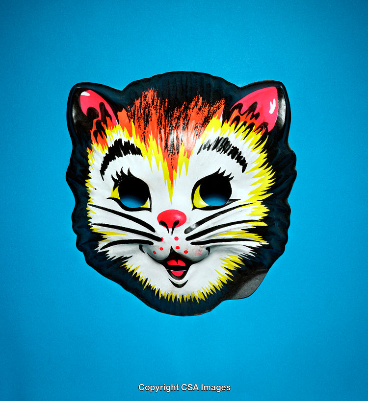 Colorful Cat-Themed Plastic Mask on Bright Blue Background