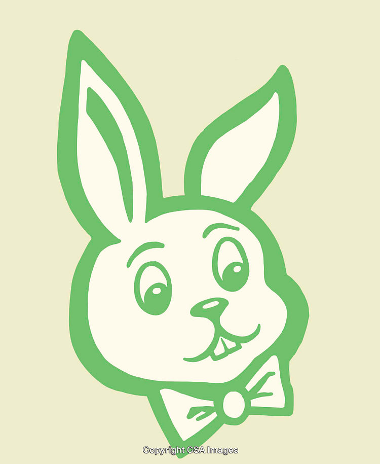 Green Line Art Illustration of a Smiling Bunny Face with Bow Tie