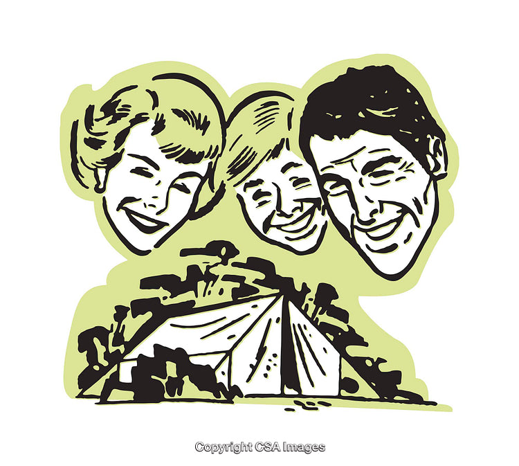 Retro Color Illustration of a Happy Family Camping in Nature
